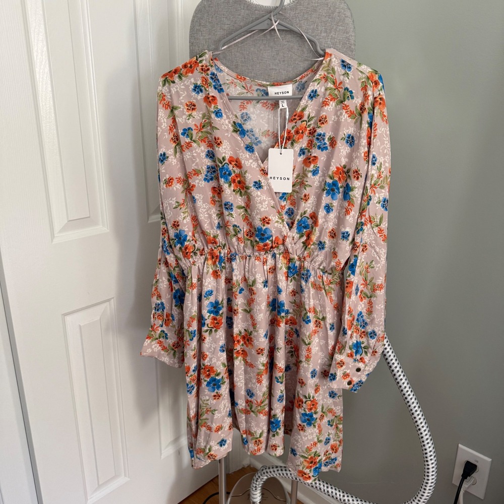 Heyson Floral Mini Dress L V-Neck Empire Waist Boho Cottagecore Fall ED5290